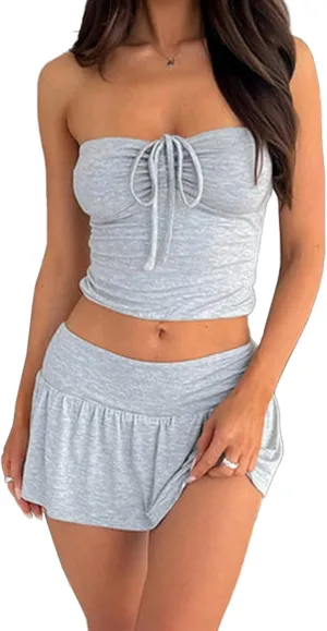 Women 2 Piece Mini Skirts Set Summer Sexy Y2k Going Out Sleeveless Strapless Crop Tops Low Waist Short Skort Skirt
