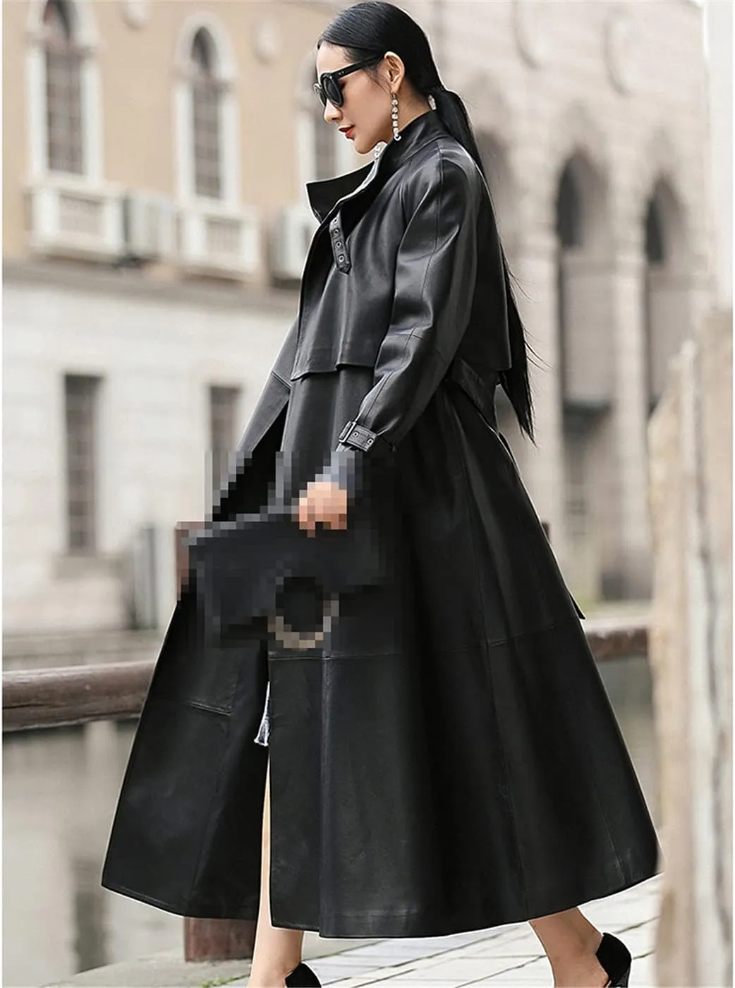 Women Black Long Leather Trench, Belt Raglan Sleeve Spring Autumn Faux Leather Coat Plus Size