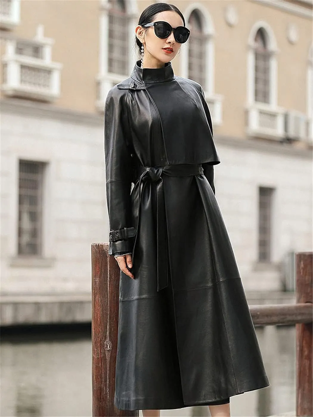 Women Black Long Leather Trench, Belt Raglan Sleeve Spring Autumn Faux Leather Coat Plus Size