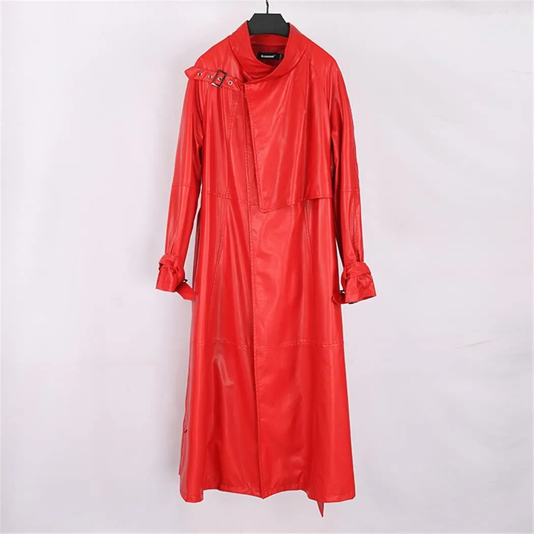 Women Black Long Leather Trench, Belt Raglan Sleeve Spring Autumn Faux Leather Coat Plus Size