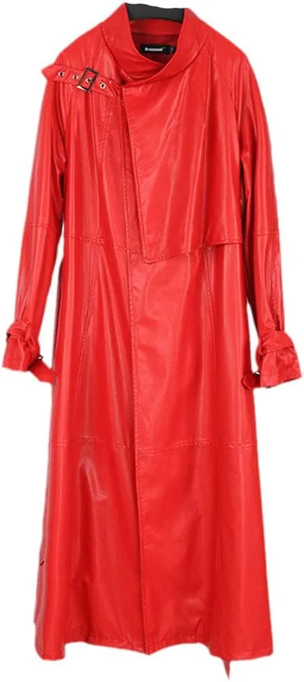 Women Black Long Leather Trench, Belt Raglan Sleeve Spring Autumn Faux Leather Coat Plus Size