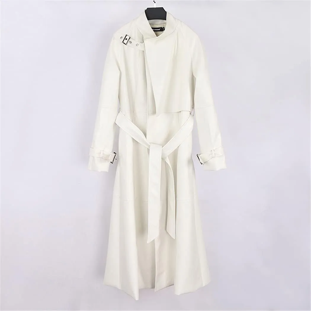 Women Black Long Leather Trench, Belt Raglan Sleeve Spring Autumn Faux Leather Coat Plus Size