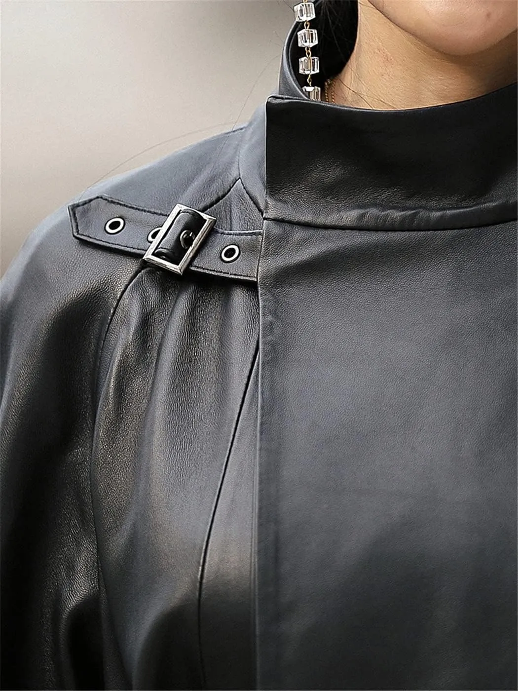 Women Black Long Leather Trench, Belt Raglan Sleeve Spring Autumn Faux Leather Coat Plus Size