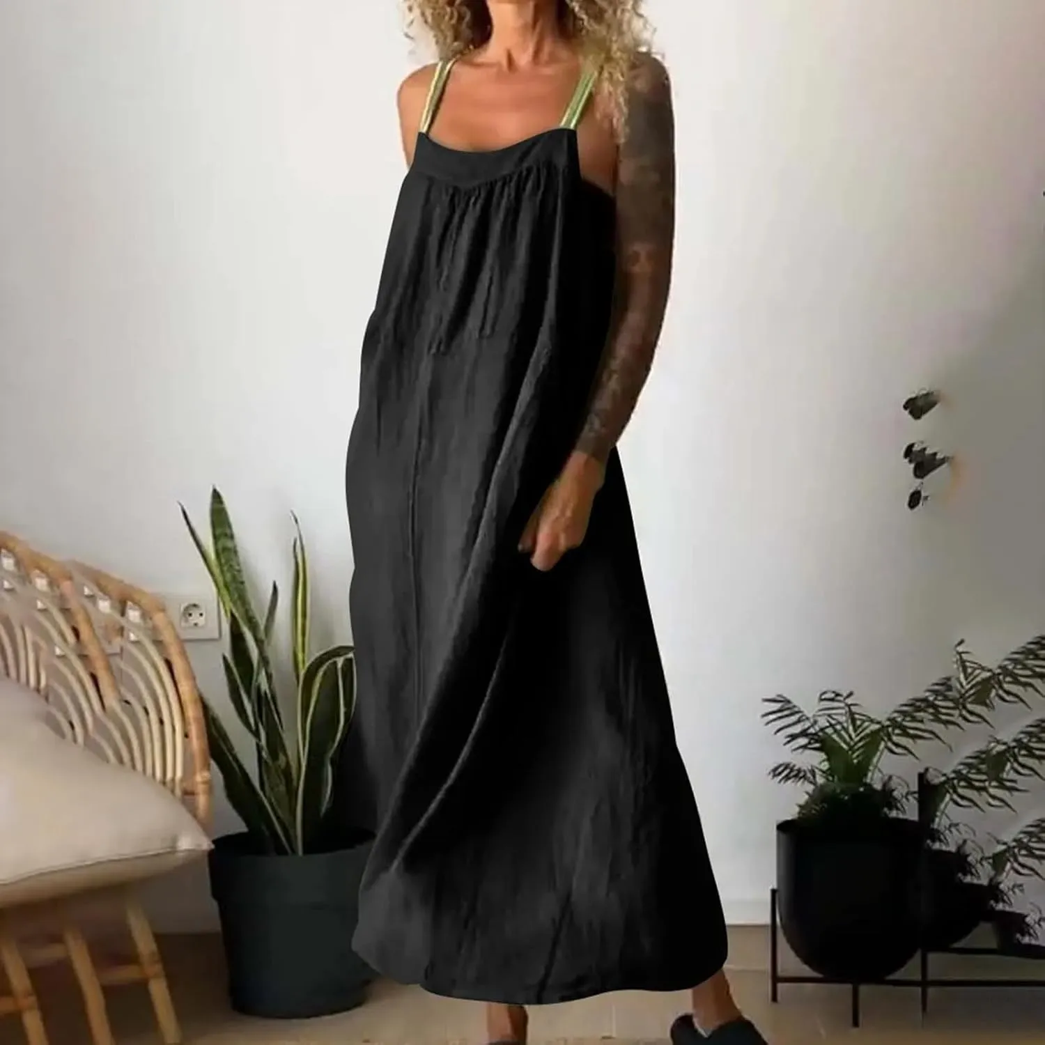 Women Cotton Linen Dress Spaghetti Straps Sleeveless Beach Sundress Solid Color Loose Flowy Maxi Dress 2025 Fashion