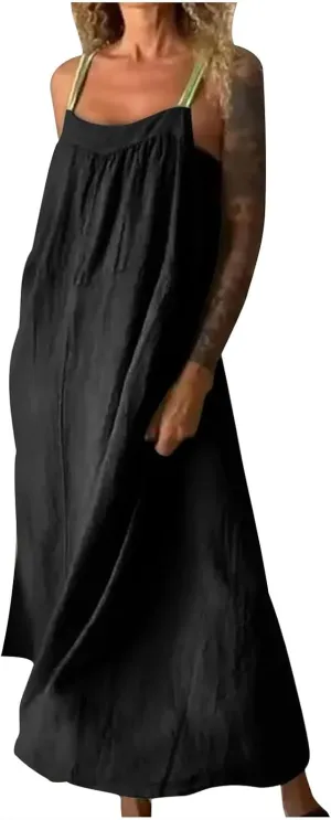 Women Cotton Linen Dress Spaghetti Straps Sleeveless Beach Sundress Solid Color Loose Flowy Maxi Dress 2025 Fashion