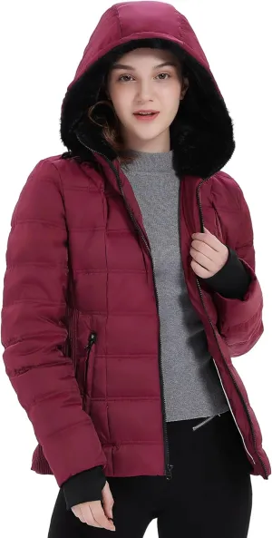 Women Down Puffer Jacket, Hooded Puffer Coat with Faux-Fur Hood & Collar Thumb Hole