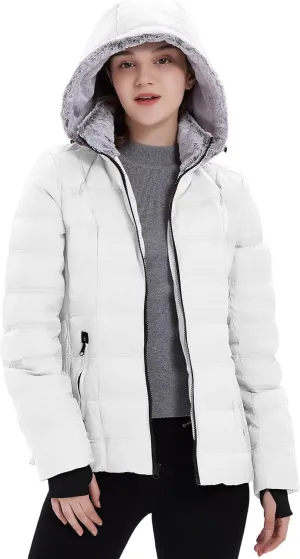 Women Down Puffer Jacket, Hooded Puffer Coat with Faux-Fur Hood & Collar Thumb Hole