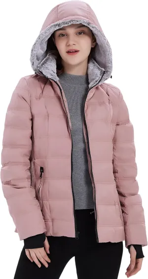 Women Down Puffer Jacket, Hooded Puffer Coat with Faux-Fur Hood & Collar Thumb Hole