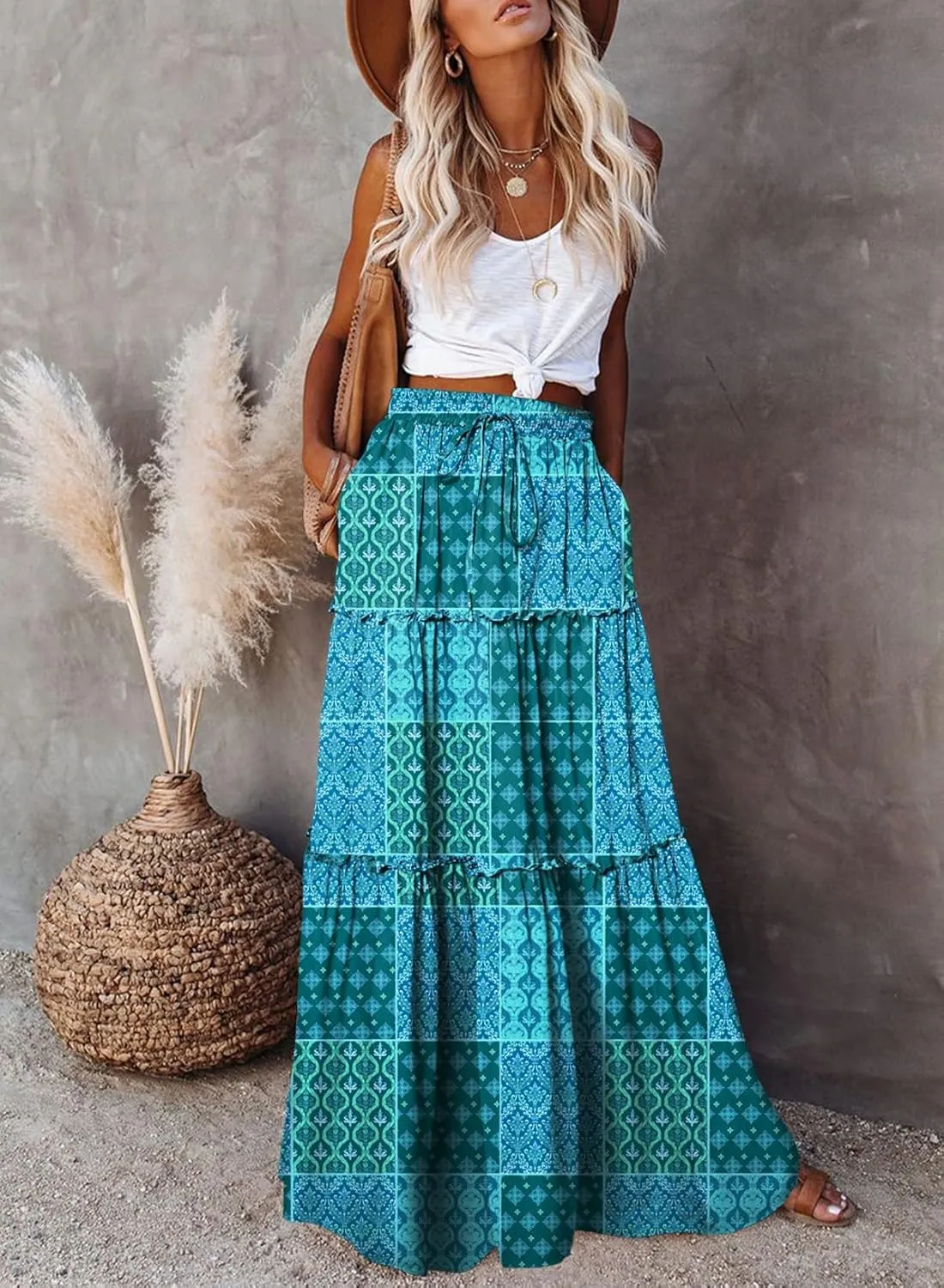 Women Flowy Boho Maxi Skirt Floral Print Pleated Ruffle Casual Long Skirt Beachwear Aesthetic Clothes