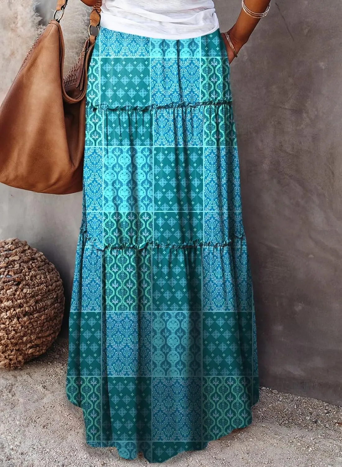 Women Flowy Boho Maxi Skirt Floral Print Pleated Ruffle Casual Long Skirt Beachwear Aesthetic Clothes