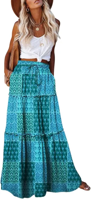 Women Flowy Boho Maxi Skirt Floral Print Pleated Ruffle Casual Long Skirt Beachwear Aesthetic Clothes