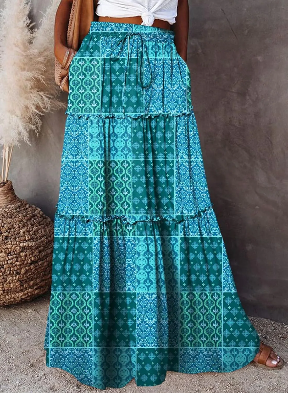 Women Flowy Boho Maxi Skirt Floral Print Pleated Ruffle Casual Long Skirt Beachwear Aesthetic Clothes