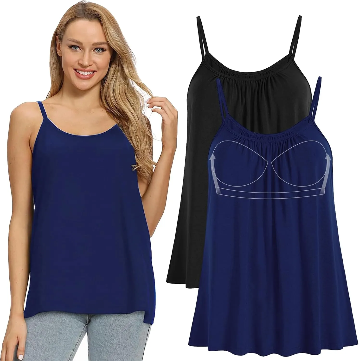 Women Flowy Pleated Camisole with Built in Bra Loose Casual Sleeveless Tank Tops