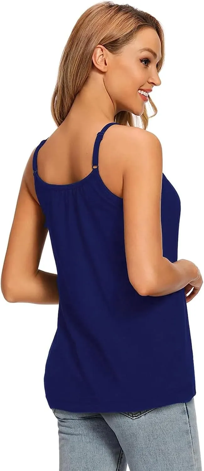 Women Flowy Pleated Camisole with Built in Bra Loose Casual Sleeveless Tank Tops