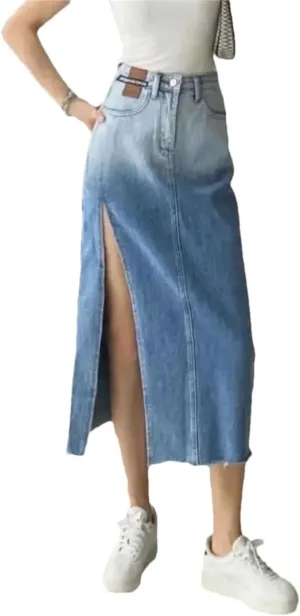 Women High-Waisted Mid-Length Denim Skirt for Raw Gradient Blue Denim Skirt Side Slits Vintage Clothing Skirt