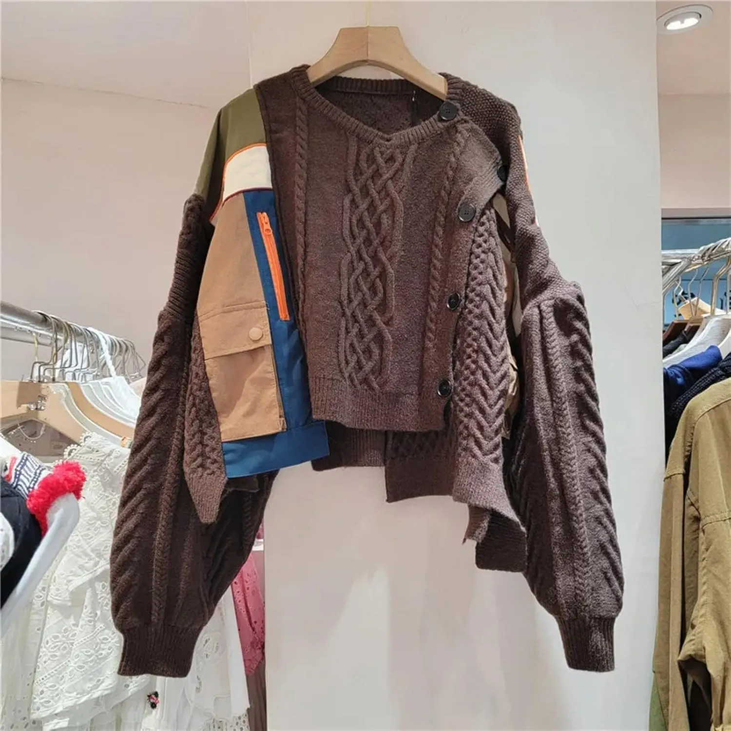 Women Irregular Patchwork Single-Breasted Plaid Stripe Cardigan Sweater Contrast Color Warm O-Neck Long Sleeves Knitted Tops