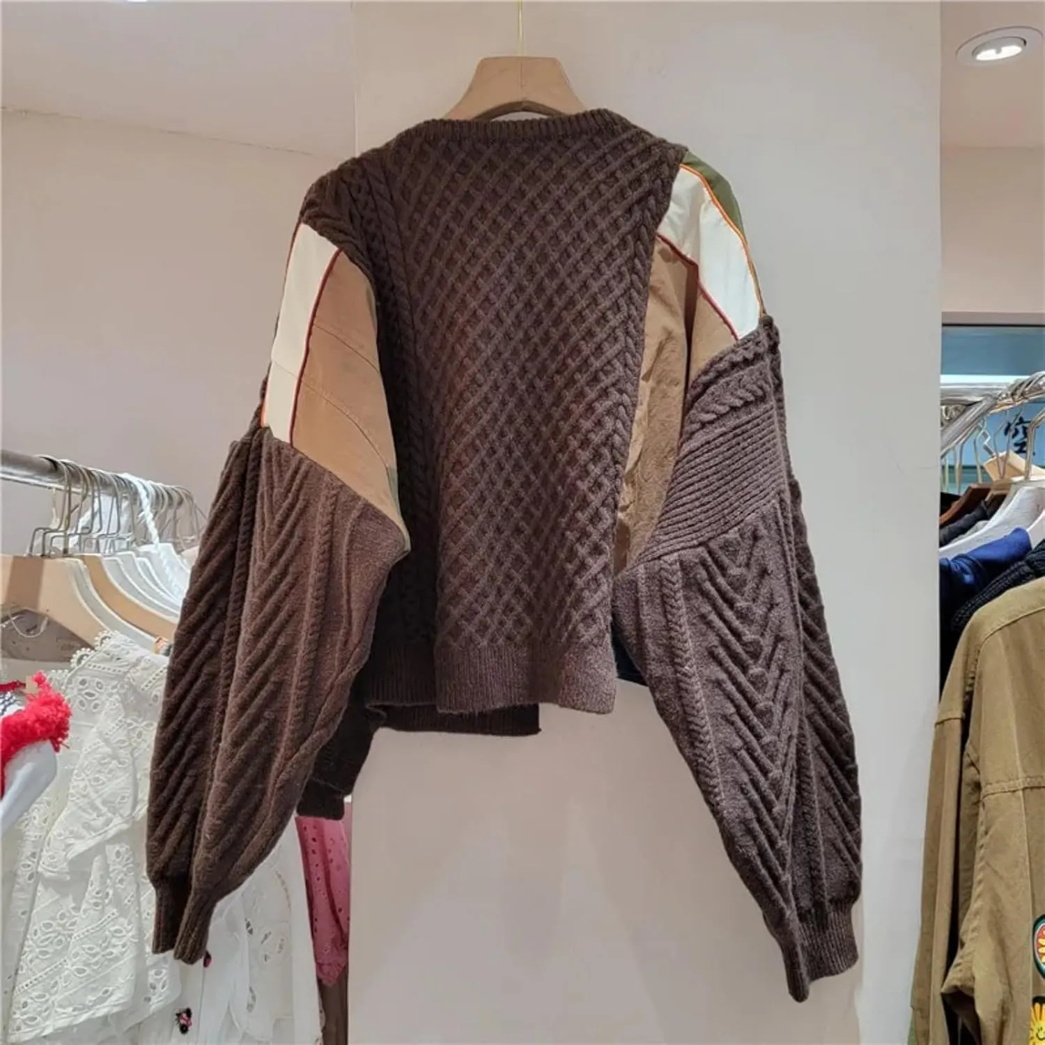 Women Irregular Patchwork Single-Breasted Plaid Stripe Cardigan Sweater Contrast Color Warm O-Neck Long Sleeves Knitted Tops