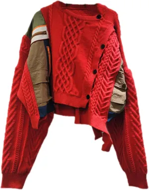 Women Irregular Patchwork Single-Breasted Plaid Stripe Cardigan Sweater Contrast Color Warm O-Neck Long Sleeves Knitted Tops