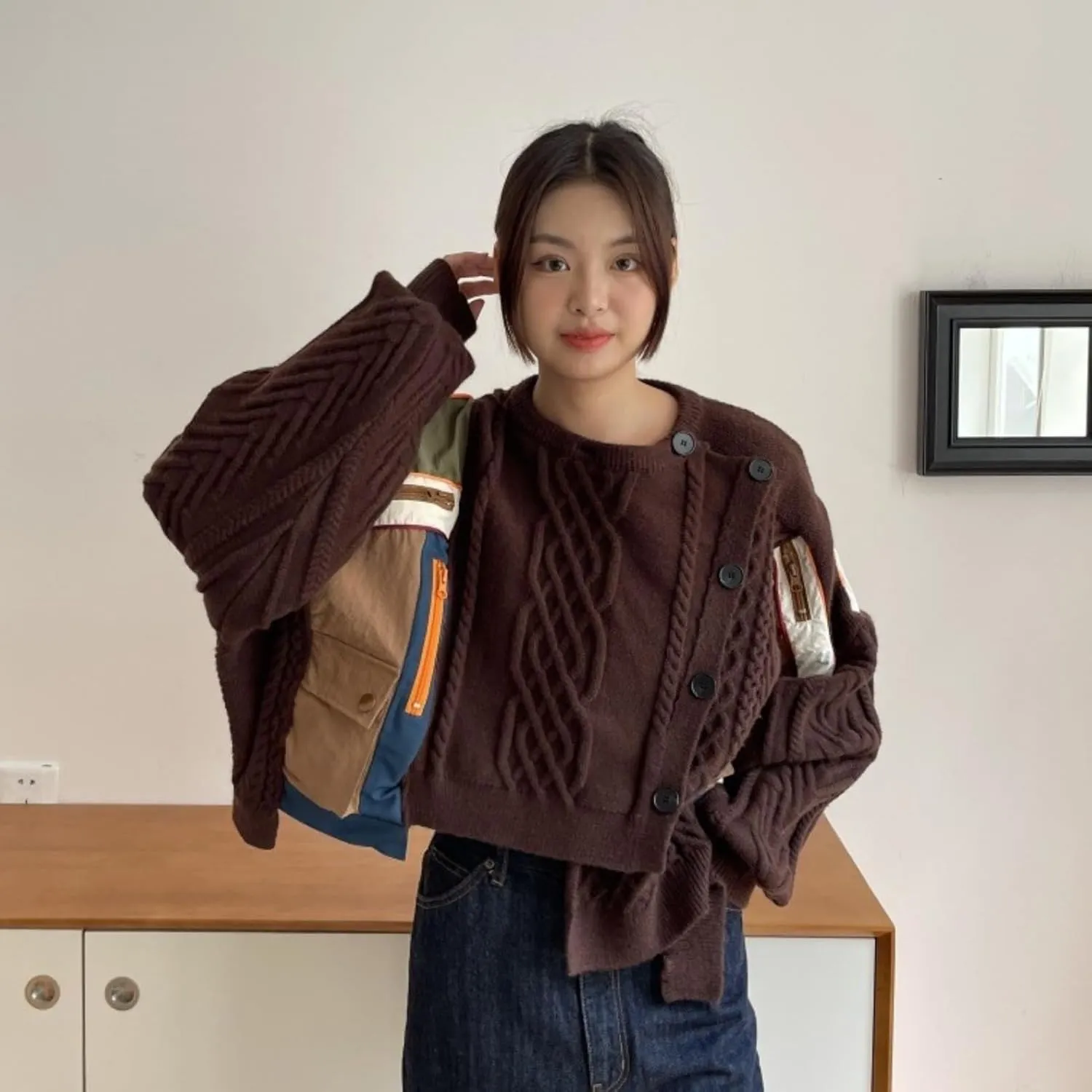 Women Irregular Patchwork Single-Breasted Plaid Stripe Cardigan Sweater Contrast Color Warm O-Neck Long Sleeves Knitted Tops