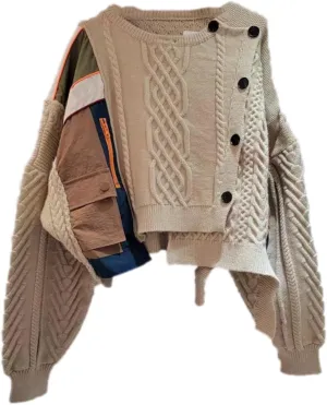 Women Irregular Patchwork Single-Breasted Plaid Stripe Cardigan Sweater Contrast Color Warm O-Neck Long Sleeves Knitted Tops
