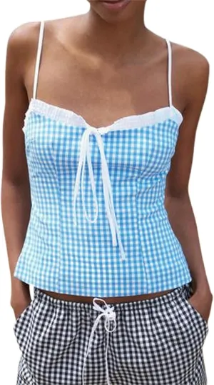 Women Lace Trim Plaid Cami Tie Up Crop Gingham Camisole Summer Slim Fit Square Neck Sleeveless Tank Top Streetwear