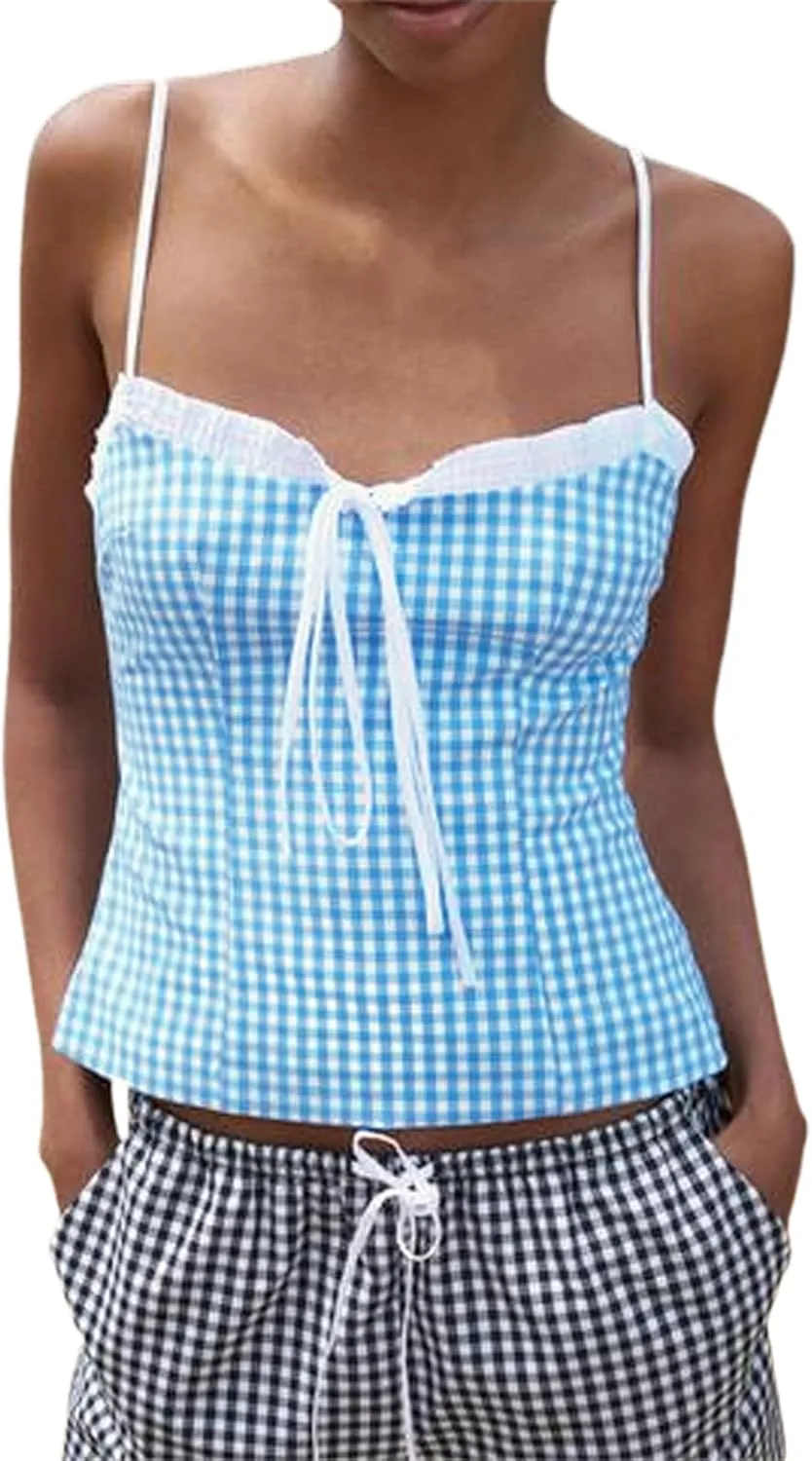Women Lace Trim Plaid Cami Tie Up Crop Gingham Camisole Summer Slim Fit Square Neck Sleeveless Tank Top Streetwear