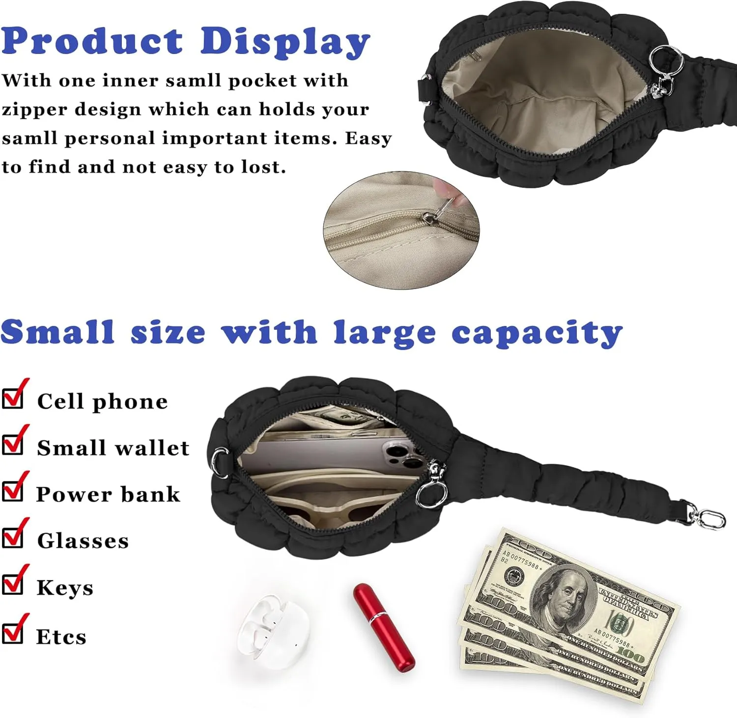 Women Quilted Wristlet Bag Puffer Handbags Purse