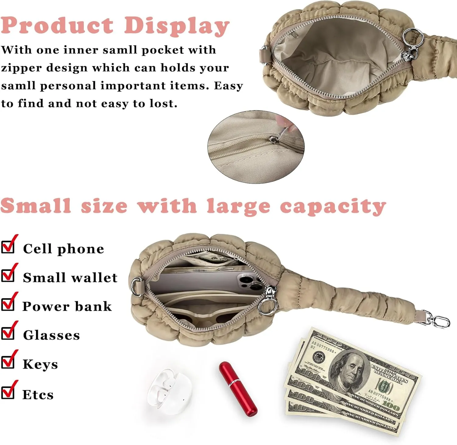 Women Quilted Wristlet Bag Puffer Handbags Purse