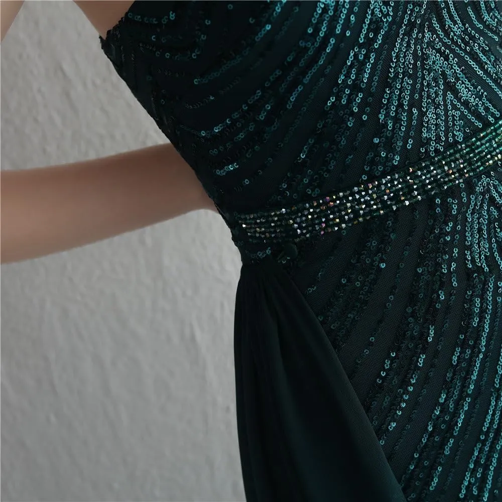 Women Sexy Long Evening Party Dress Fashionable Off Shoulder Sequin Evening Dress with Detachable Chiffon