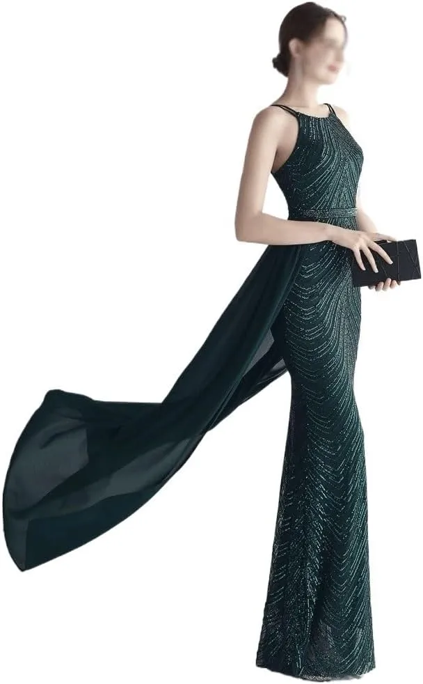 Women Sexy Long Evening Party Dress Fashionable Off Shoulder Sequin Evening Dress with Detachable Chiffon