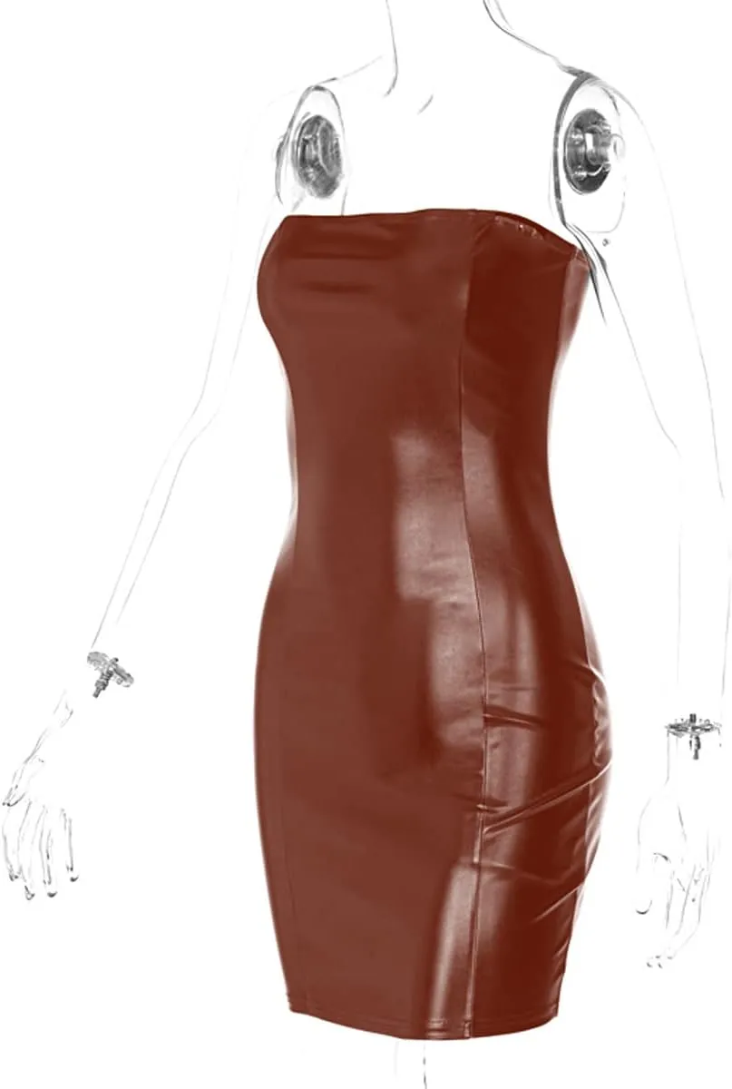 Women Sexy Strapless Bodycon PU Leather Ruched Latex Dress for Club Party