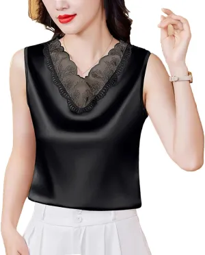 Women Spring Satin Camisole Shirt Sleeveless Tank top V-Neck Sexy Patchwork Lace Vest Tops