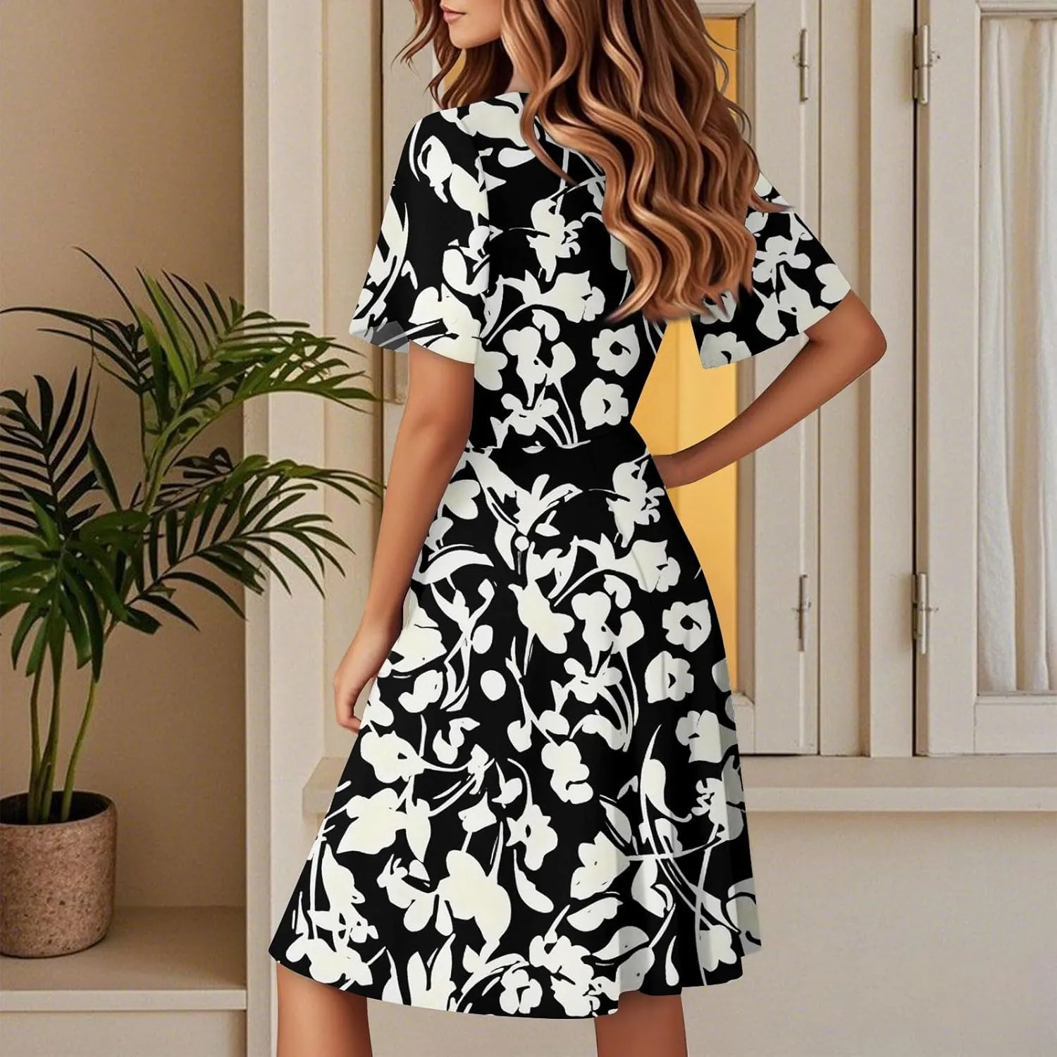 Women Summer Dresses 2025 Short Sleeve V Neck Tiered Ruffle Boho Swing Dress A-Line Floral Mini Dresses