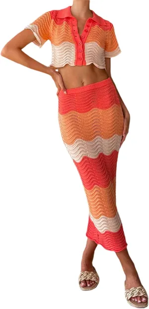 Women Summer Y2K Crochet Knitted Maxi Skirt 2PCS Sets Hollow Out Lace up Skirt Cover Ups Outfits Beachwear