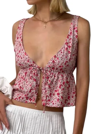 Women Tie Up Tank Y2k Ruffle Hem Sleeveless Camisole Summer Floral Print Crop Cami Peplum Going Out Tops