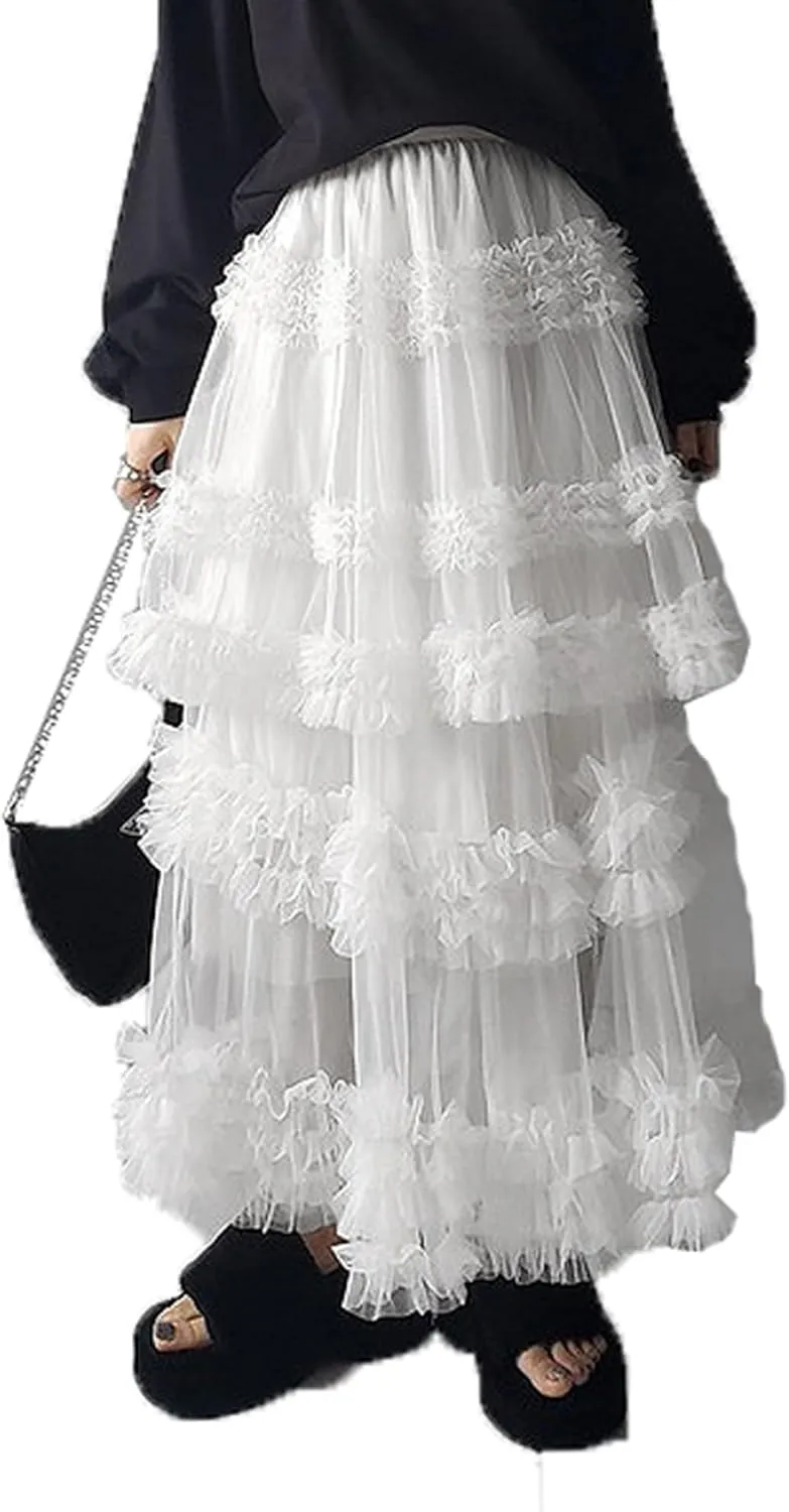 Women Tulle Long Skirt Tiered Layered Sheer Mesh Tutu Skirt Elastic Waist A-Line Flowy Maxi Skirt for Wedding Party