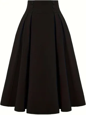 Women Vintage A-Line Skirt High Waist Pleated Skirt Button Decor Midi Flared Skirts