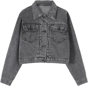 Women Vintage Short Jeans Jacket Lapel Single-Breasted Denim Cropped Outwear Clothes Smoke Gray L