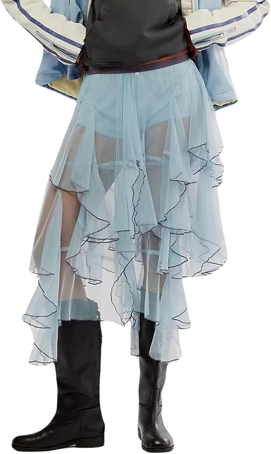 Women Y2k Lace Maxi Skirt High Waist See Through Ruffle Slip Long Skirts Layered Flowy Summer Beach Skirts