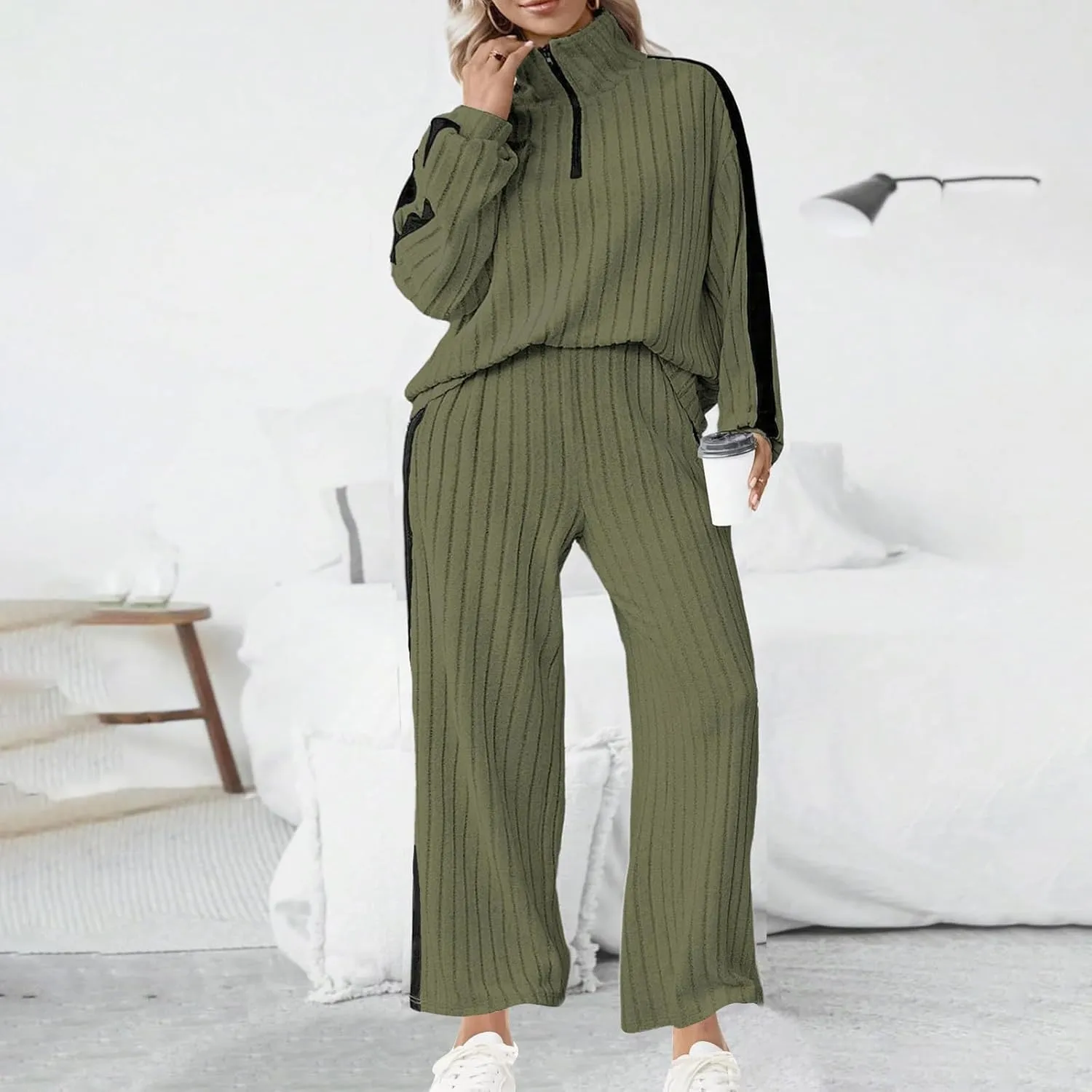 Womens 2 Piece Lounge Sets Ribbed Knit Long Sleeve Half Zipper Pullover Tops Wide Leg Pants Matching Sets Loungewear