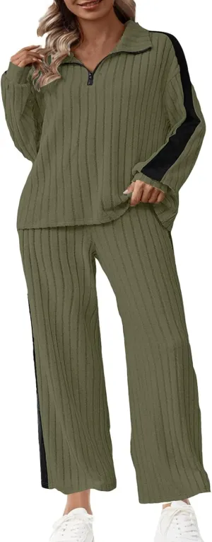 Womens 2 Piece Lounge Sets Ribbed Knit Long Sleeve Half Zipper Pullover Tops Wide Leg Pants Matching Sets Loungewear