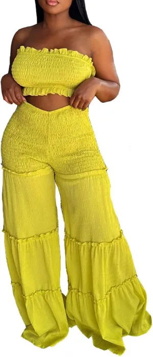 Women's 2 Piece Outfit Ruffle Tube Top and Wide Leg Long Pants Sets