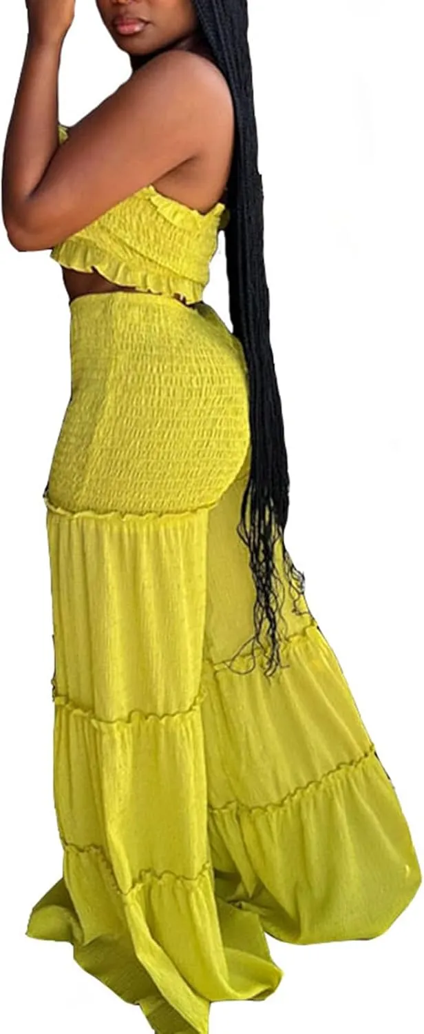 Women's 2 Piece Outfit Ruffle Tube Top and Wide Leg Long Pants Sets