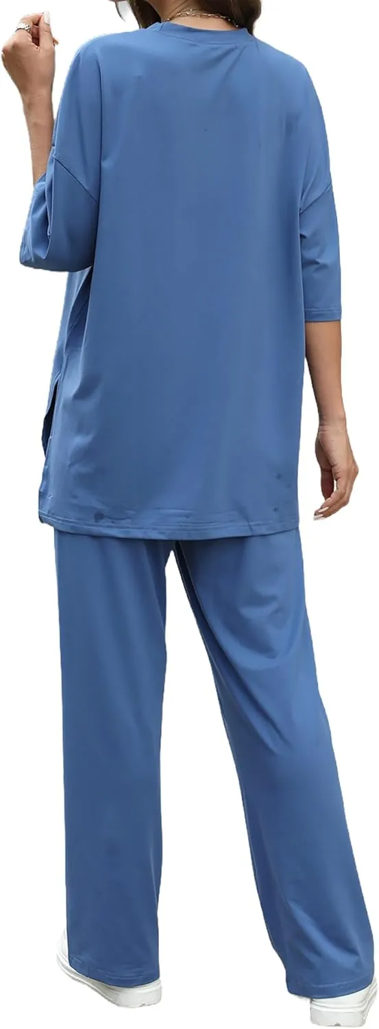 Womens 2 Piece Outfits Short Sleeve Set Wide Leg Pants Casual Trendy Pullover Lounge Set