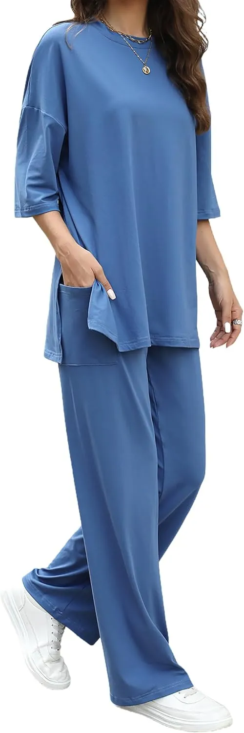 Womens 2 Piece Outfits Short Sleeve Set Wide Leg Pants Casual Trendy Pullover Lounge Set