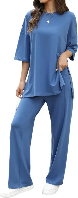 Womens 2 Piece Outfits Short Sleeve Set Wide Leg Pants Casual Trendy Pullover Lounge Set