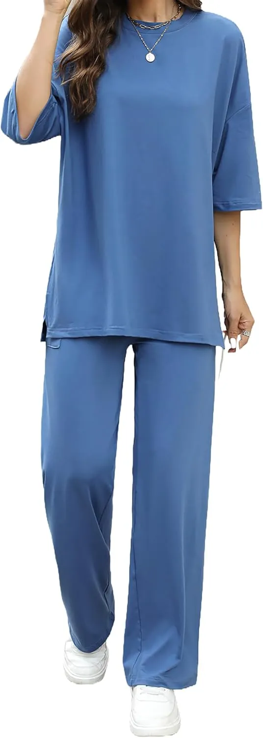 Womens 2 Piece Outfits Short Sleeve Set Wide Leg Pants Casual Trendy Pullover Lounge Set