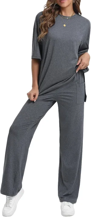 Womens 2 Piece Outfits Short Sleeve Set Wide Leg Pants Casual Trendy Pullover Lounge Set