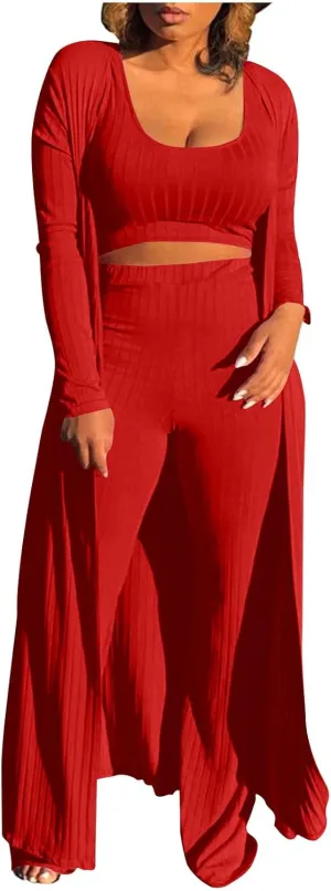 Women's 3 Piece Knit Lounge Set Pajama Long Sleeve Cardigan Sleeveless Top High Waist Pants Sweatsuit Loungewear