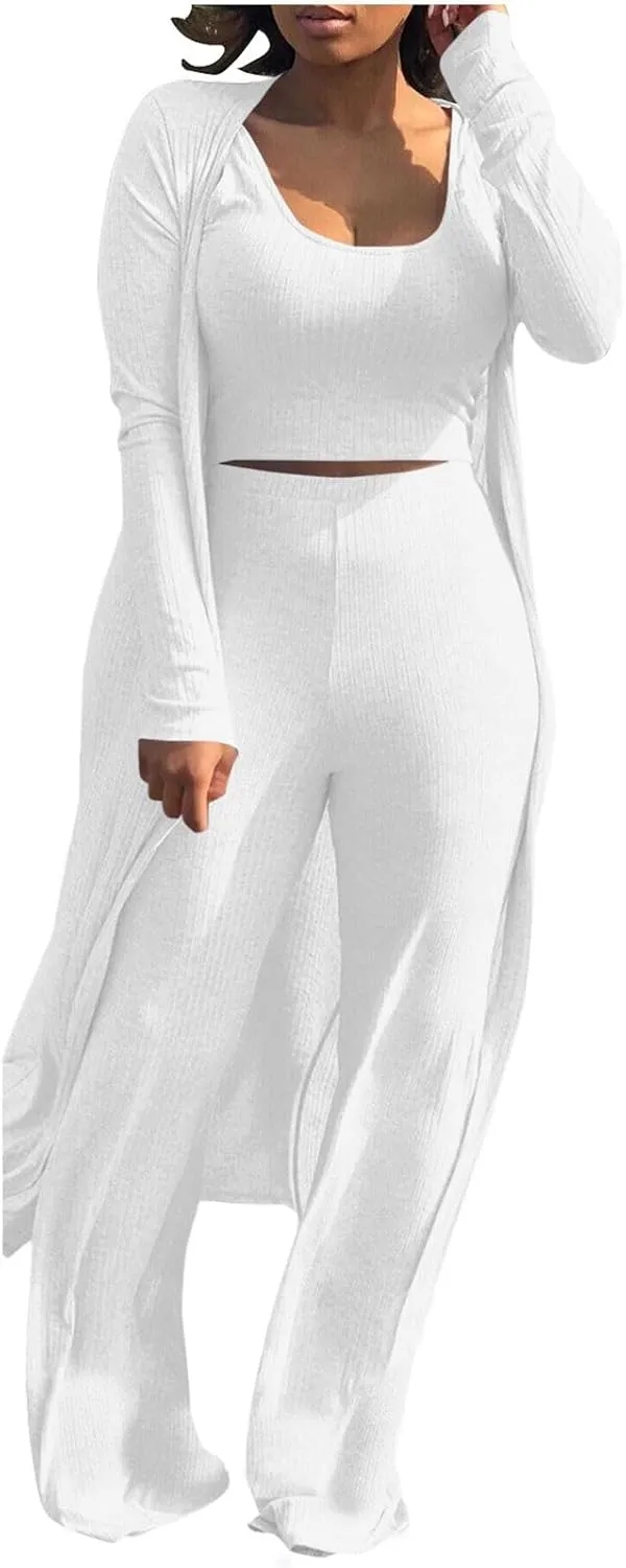 Women's 3 Piece Knit Lounge Set Pajama Long Sleeve Cardigan Sleeveless Top High Waist Pants Sweatsuit Loungewear